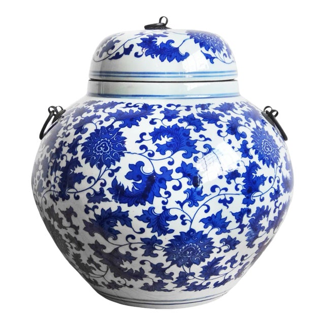 White & Blue Ceramic Urn With Lid For Sale