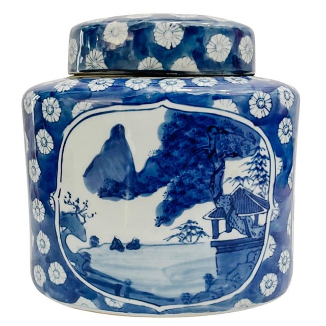 Chinoiserie Vintage Chinese Blue Willow Porcelain Large Tea Caddy For Sale - Image 3 of 8