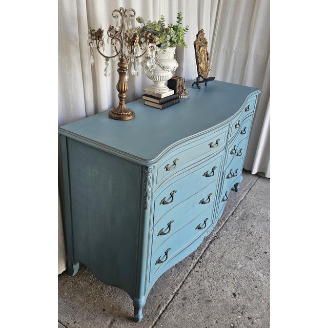 French Provincial Vintage Turquoise Dresser, French Provencial, 1950's For Sale - Image 3 of 12