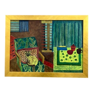 Vintage Framed American School Painting of an Interior With Siamese Cat For Sale