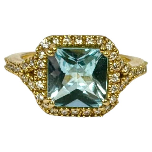 Late 20th Century 18k Gold Blue Topaz Diamond Ring Vintage For Sale - Image 5 of 10