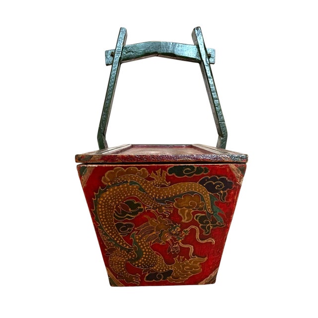 his vintage Chinese hand-painted wedding rice box with a handle adorned with dragons is a unique and beautiful piece of...