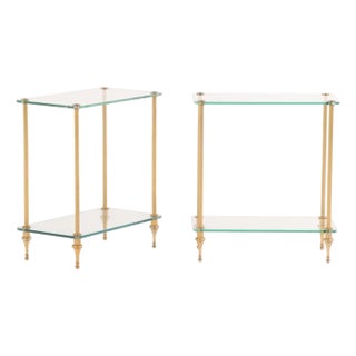 A Pair of French Brass and Glass Tiered End Tables, C. 1950. For Sale