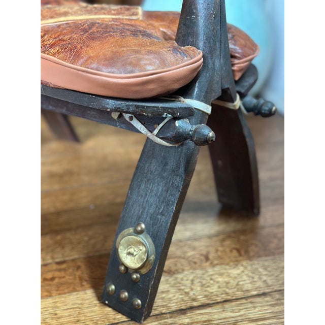 Mid-Century Modern Mid-Century Egyptian Tooled Leather & Hardwood Camel Saddle Footstool For Sale - Image 3 of 9