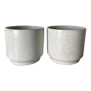 Pair of Vintage White Crackle Glaze Planters
