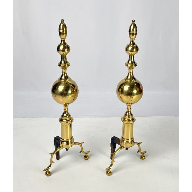 Vintage Tall Polished Brass & Cast Iron Ball Top Andirons - Pair For Sale - Image 4 of 14