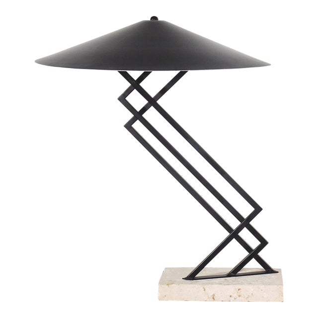 Michael Taylor Postmodern Cantilevered Iron and Travertine Sculptural Lamp For Sale