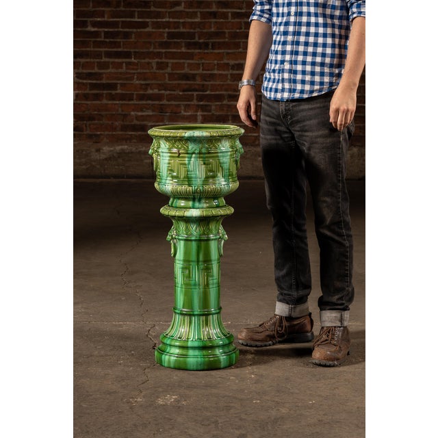 Traditional Early 20th Century Brush McCoy “Green Onyx” Majolica Pedestal & Planter Set For Sale - Image 3 of 8