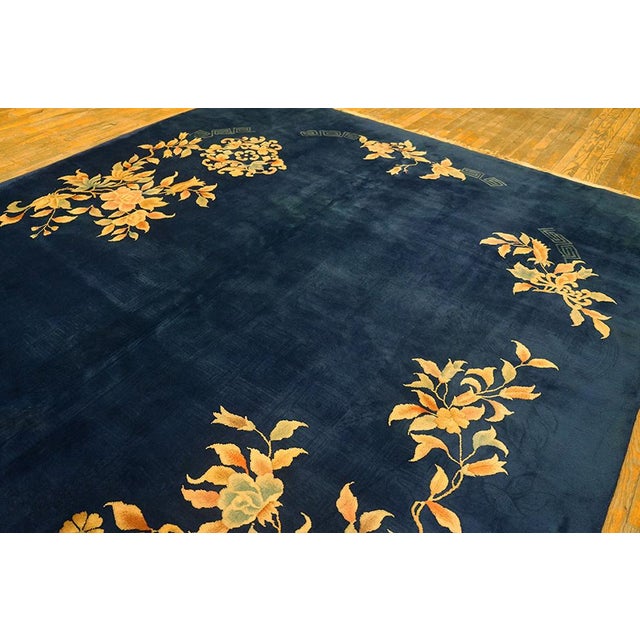 1920s Navy Blue Open Field Floral Antique Chinese Art Deco Carpet 8'10" X 11'9" Knotted Wool Rug For Sale - Image 9 of 9