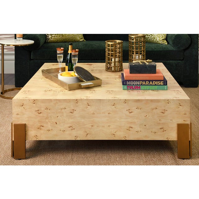 Tan Matthew Izzo Home Enid Light Burlwood 48" Square Coffee Table With Antique Brass Legs For Sale - Image 8 of 8