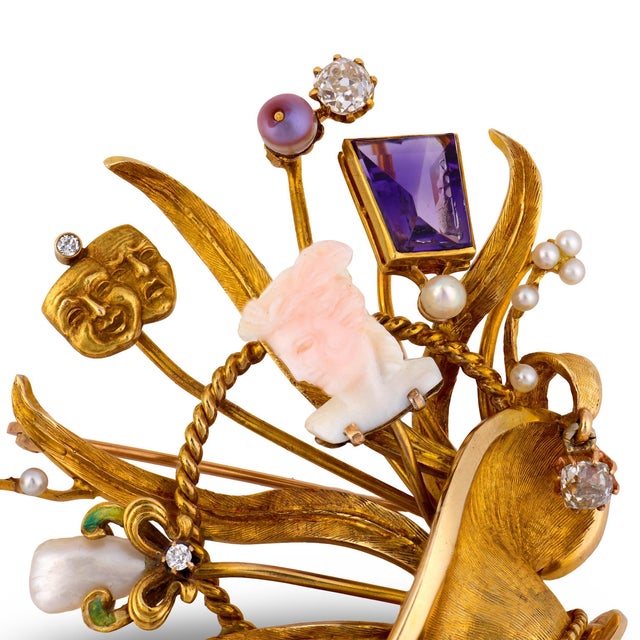 Vintage Diamond Coral Amethyst Pearl 14k Yellow Gold Basket Opera Brooch For Sale - Image 4 of 6