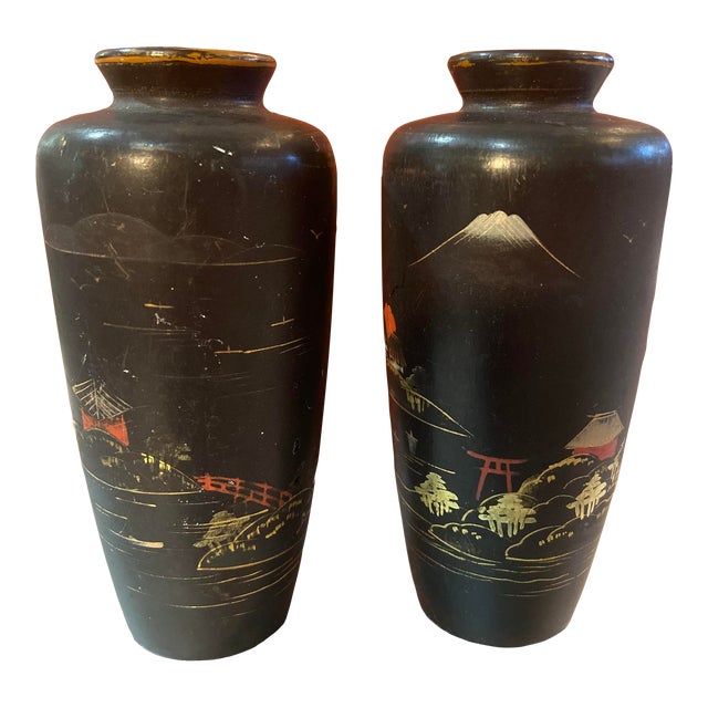 Antique Japanese Black Lacquered Wooden Vases Pair Chairish