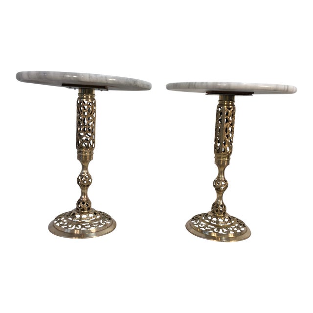 Pierced Brass & Marble Side Tables - A Pair | Chairish