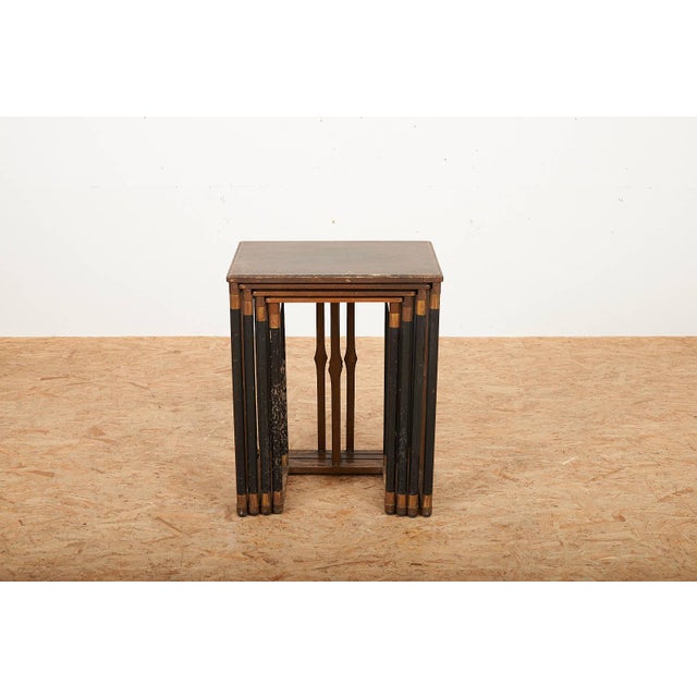 Vienna Secession Nesting Tables with Wooden Base, Brass Accents, and Oak Tops, Set of 4 For Sale - Image 3 of 14