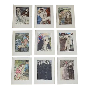 Vintage French Limited Edition Hand Colored Mariette Lydis Engravings - Set of 9
