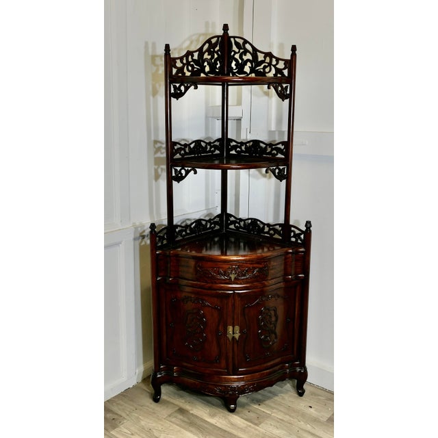 Brown Oriental Style Carved Corner Etagere with Cupboard and Drawer, 1970s For Sale - Image 8 of 9