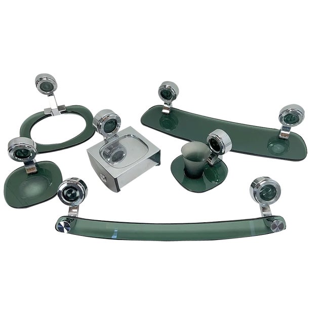 Bathroom Set in Chrome and Green Glass, 1970s, Set of 6 For Sale