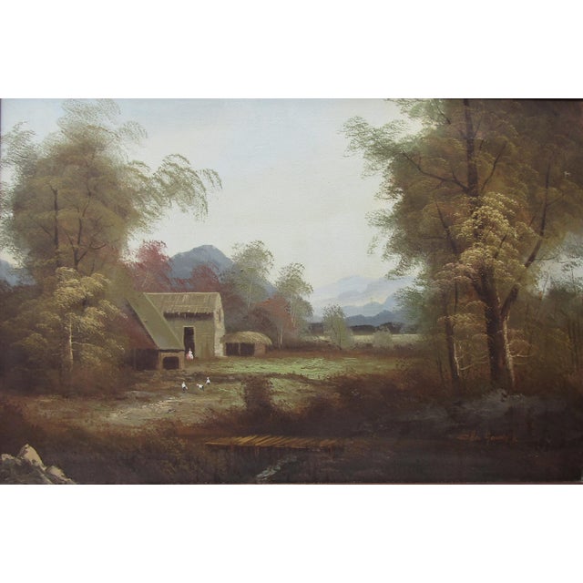 Large framed oil on canvas landscape painting, signed lower right Cho Young K. The composition features a quiet...