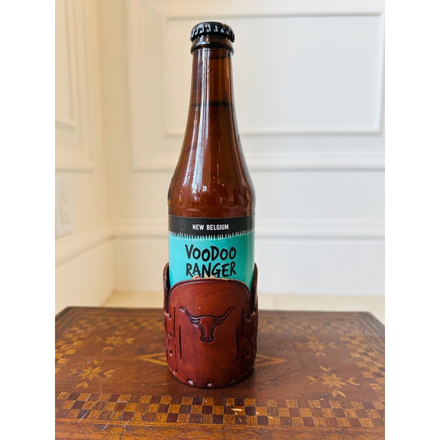 Mid 20th Century Vintage Western Style Leather Sleeves for Drinks Glasses/ Bottles Featuring Steers -Set of 7 For Sale - Image 5 of 17