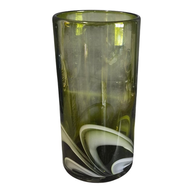 Vintage Italian Mid-Century Modern Art Glass Green & White Swirls Tube Vase For Sale