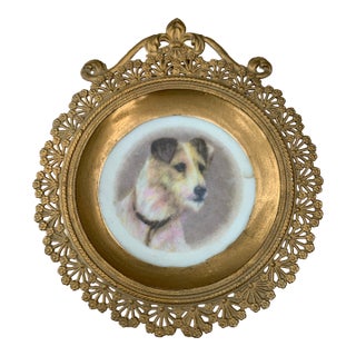 Vintage Miniature Dog Portrait Gilt Filigree Frame For Sale