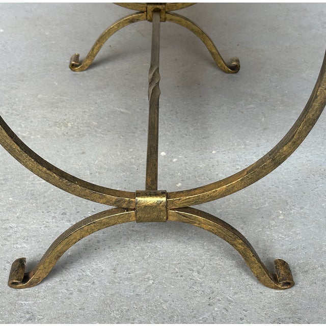 Hand-Forged Spanish Style Gilt Iron Bench With Striped Cotton Linen Seat For Sale - Image 14 of 14