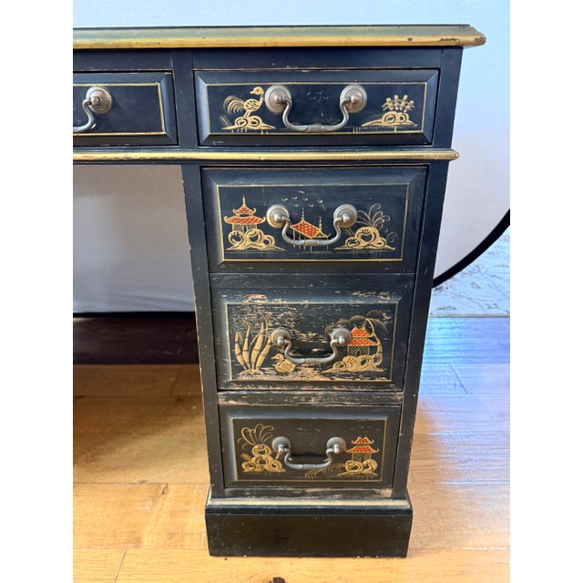 Black Chinoiserie Ebonized Hand Painted Kneehole Leather Top Desk For Sale - Image 8 of 12