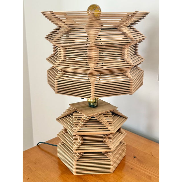 Wood Midcentury Folk Art Popsicle Stick Lamp - Rewired For Sale - Image 7 of 11