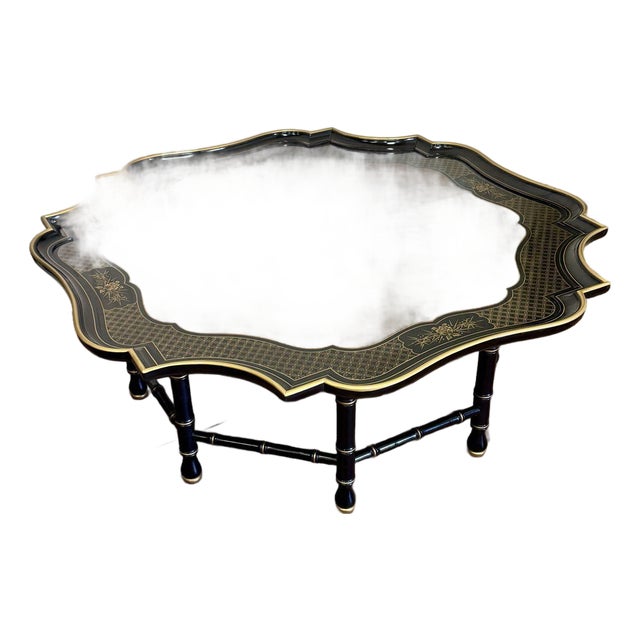 Vintage Hollywood Regency Black Lacquer Chinoiserie Coffee Table For Sale