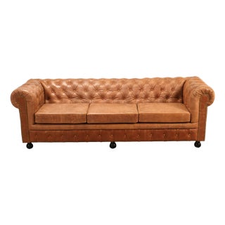 Chesterfield Style 8 Foot Distressed Brown Tufted Leather Sofa For Sale