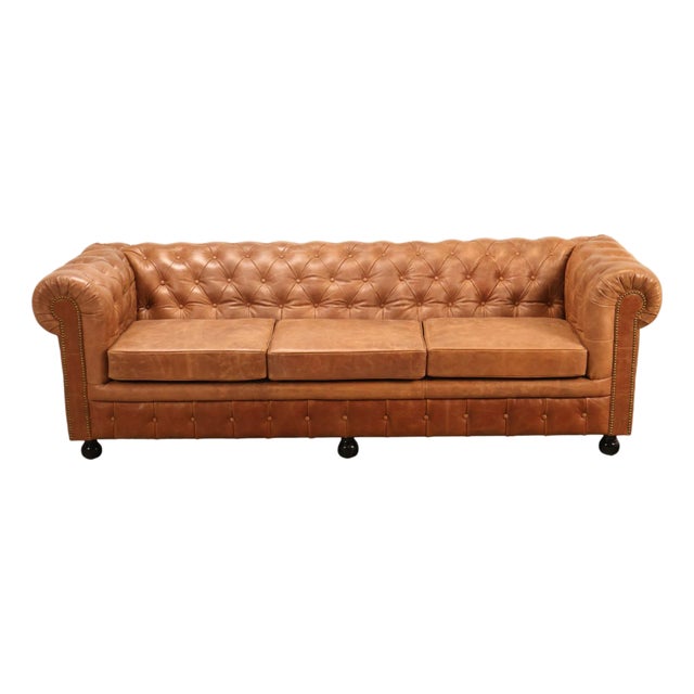 Chesterfield Style 8 Foot Distressed Brown Tufted Leather Sofa For Sale