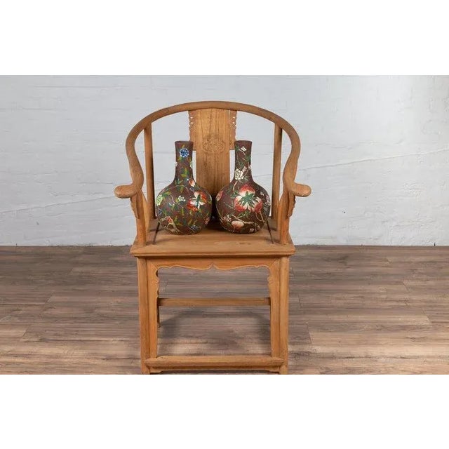 Vintage Chinese Kendi Shape Brown Vases with Floral and Fruit Décor - a Pair For Sale In New York - Image 6 of 13