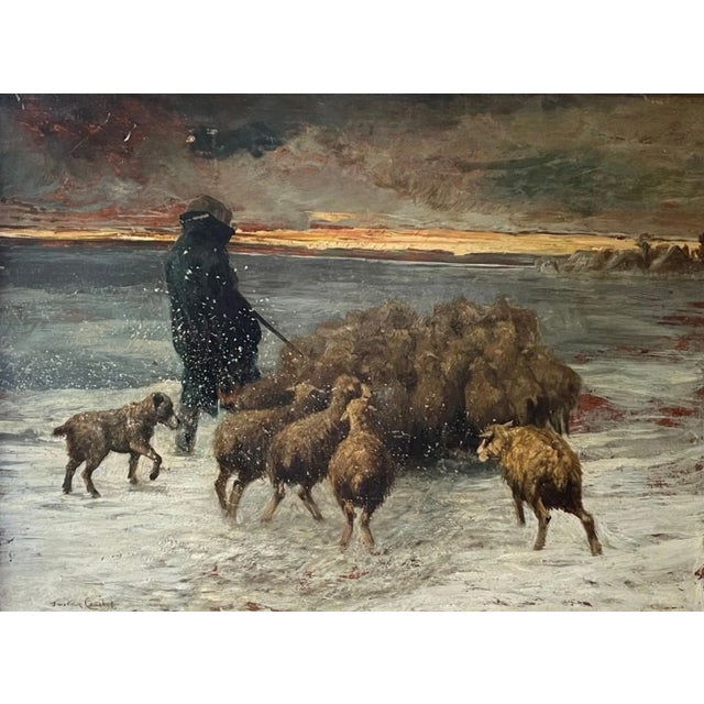 French Barbizon Painting “Sheep in Blizzard” Signed Gustave