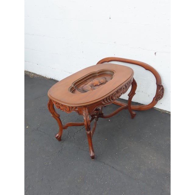 Brown Heavy Hand Carved Cameo Coffee Table With Glass Top Serving Tray 6644 For Sale - Image 8 of 17