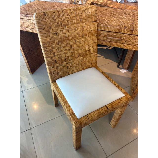 Vintage 1970s Italian woven rattan cane desk & matching chair. Two drawers. All sides are finished, including the back,...