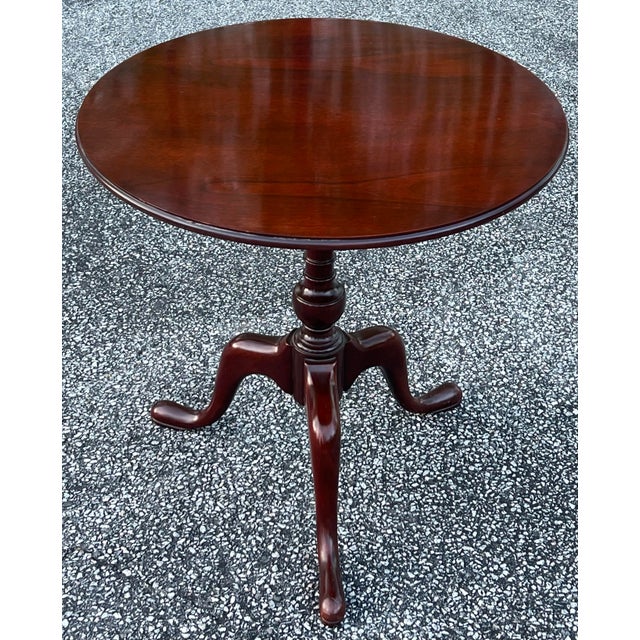Classic Queen Anne style tilt top tea table. Crafted in solid mahogany with a nicely molded top edge, vase turned...