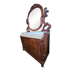 Antique Late 19th Century Victorian Dresser Featuring a Carved Mirror and Original Marble Top.