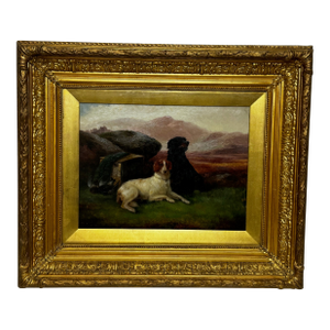 English Victorian Hunting Oil Painting “Game Dogs” – Robert Cleminson (1864–1903) Gilt Framed