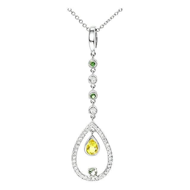 Late 20th Century 14K White Gold Green Amethyst Lemon Quartz Diamond Emerald Pendant For Sale