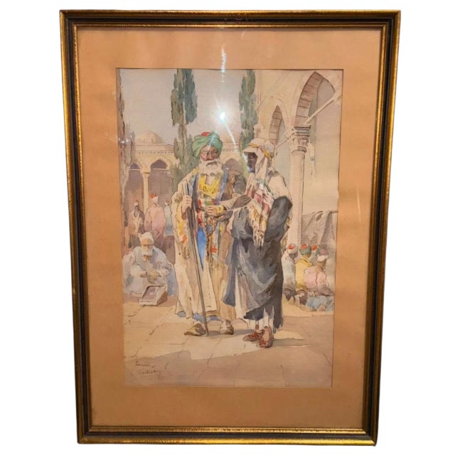 Carl Friedrich Heinrich Werner, Two Men Talking in Front of the Süleymaniye Mosque in Istanbul, 1800s, Pencil and Watercolor, Framed For Sale - Image 9 of 9