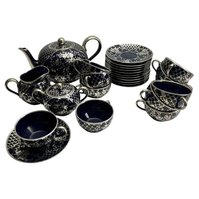 Vintage Silver Overlay and Cobalt Porcelain Tea/Coffee Set by Richard Ginori, 1950, Set of 27 For Sale - Image 12 of 17
