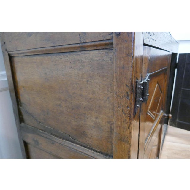 Tan Antique Court Cupboard in Carved Oak, 1673 For Sale - Image 8 of 14