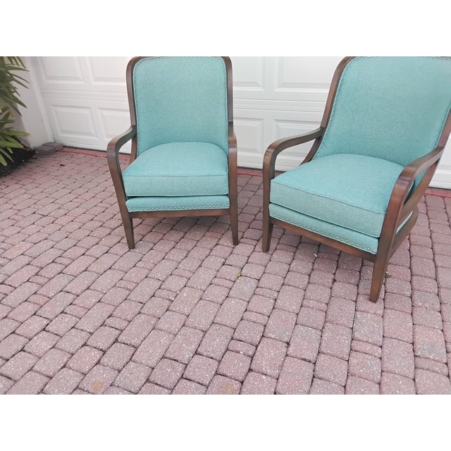 These are so beautiful, the rich walnut wood and aqua fabric, will take center stage in your room. Sam Moore make...