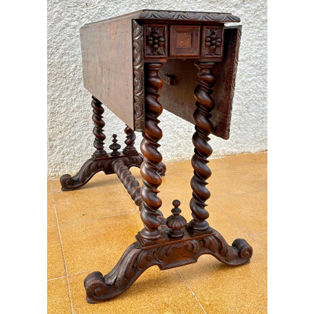 1920s Spanish Baroque Revival Drop-Leaf Table With Carved Barley Twist Legs For Sale - Image 6 of 10