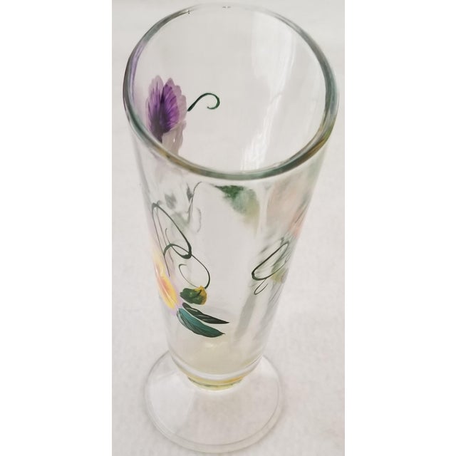 Mid-Century Modern Early 1900's Transparent Glass Vase Handpainted Pansies For Sale - Image 3 of 6
