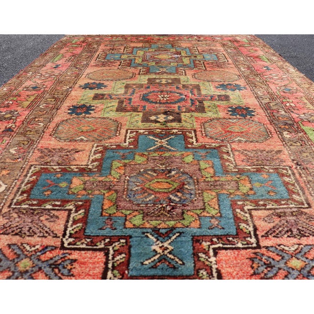 Vintage Caucasian Kazak Rug With Medallions in Coral and Turquoise 4'2 X 6'9 For Sale In Atlanta - Image 6 of 14
