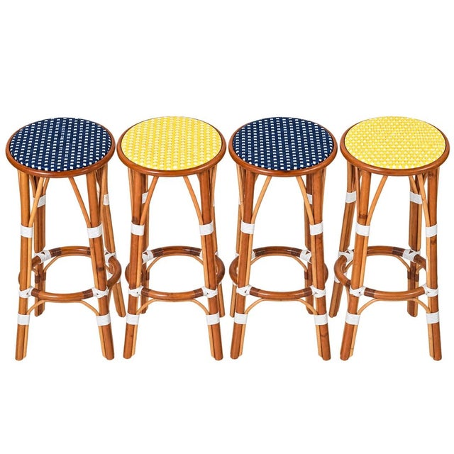 Maison Gatti Parisian Rattan Bistro Bar Stools in Navy & Yellow -Set of 4 For Sale - Image 4 of 7