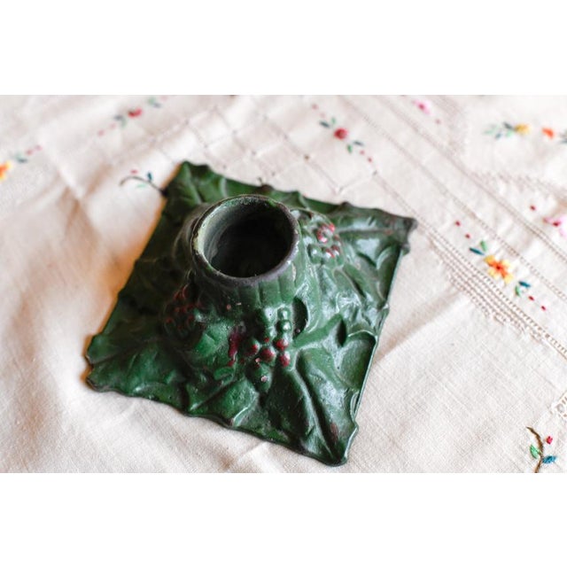 Antique 1920's Holly Cast Iron Hand Painted Candle Holders- A Pair For Sale - Image 4 of 5