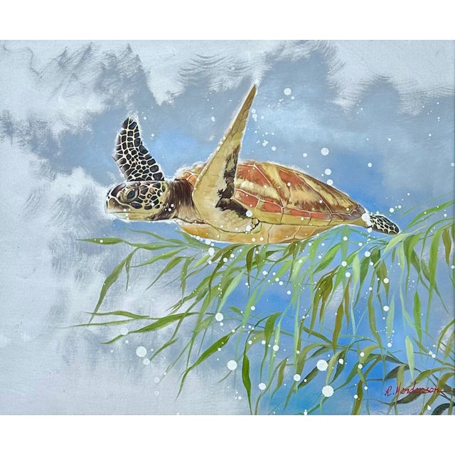 Luminous contemporary original oil painting by R. Henderson depicting a green sea turtle gliding through sun-dappled...