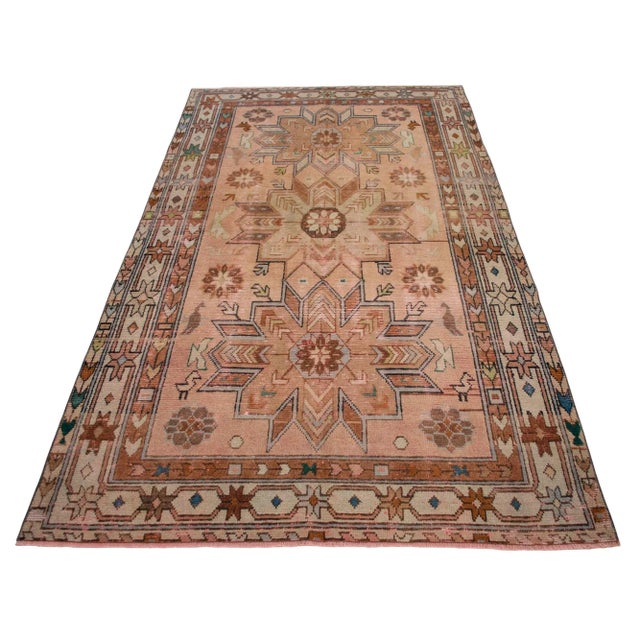 Distressed Turkish Rug Hand Knotted Vintage Oushak Area Rug - 4′ × 6′10″ For Sale - Image 9 of 13
